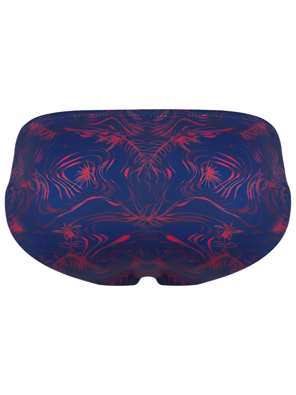 Clever 26029 Helion bikini in vibrant blue with a red abstract botanical print. Back view of the bikini bottom.