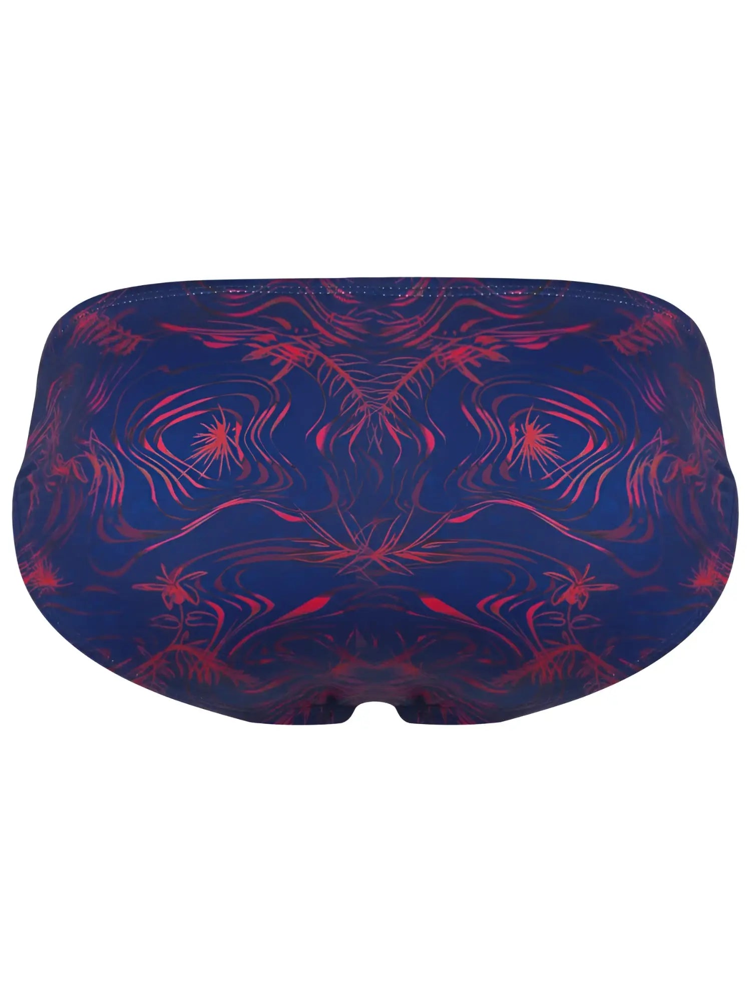 Clever 26029 Helion bikini in vibrant blue with a red abstract botanical print. Back view of the bikini bottom.