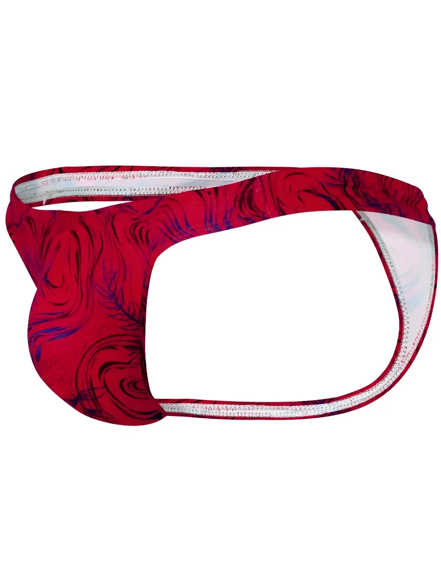 Clever 26030 Helion thong in vibrant red with a bold, swirling blue abstract pattern and minimalist strap design.