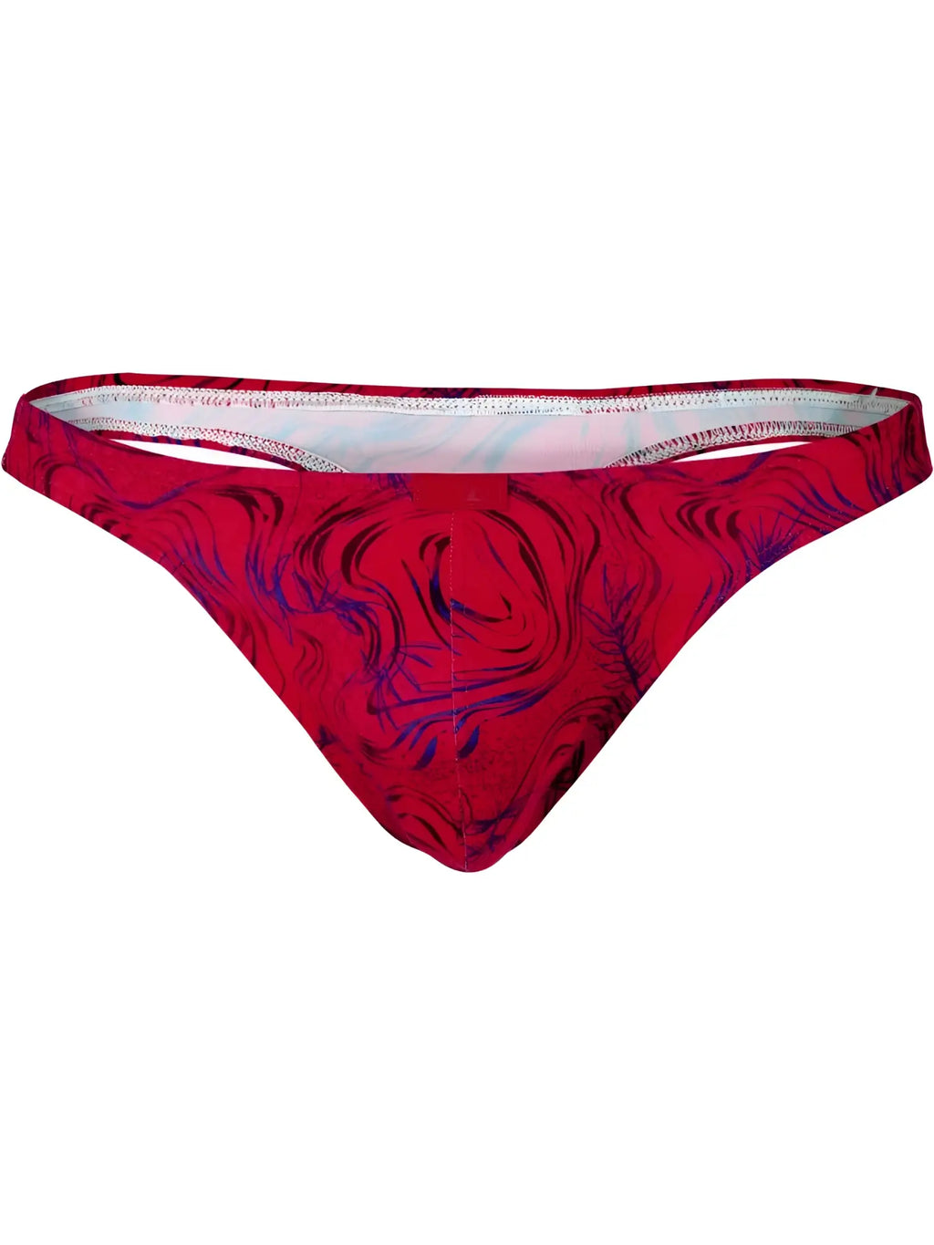Clever 26030 Helion thongs in vibrant red with a bold, dark blue swirling marble pattern on a minimalist cut.
