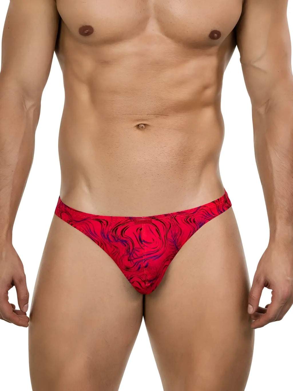 Clever 26030 Helion thongs in vibrant red with a blue marbled pattern, modeled on a fit torso.