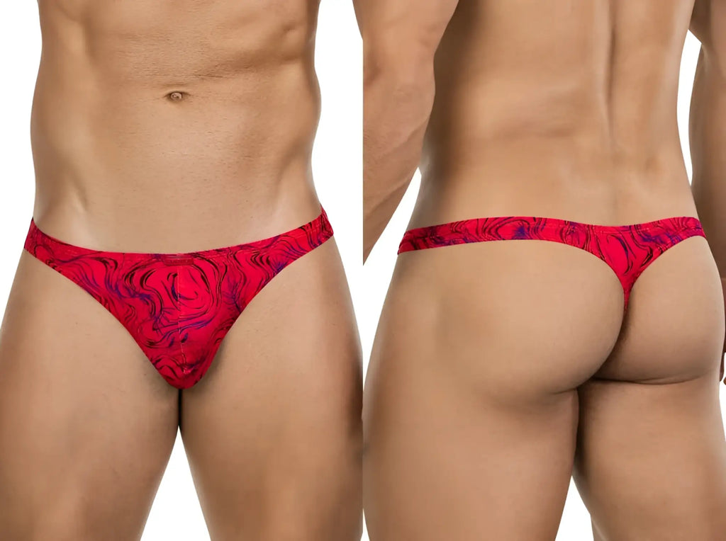 Clever 26030 Helion thongs in vibrant red with a blue swirl pattern, shown from front and back views on a male model.
