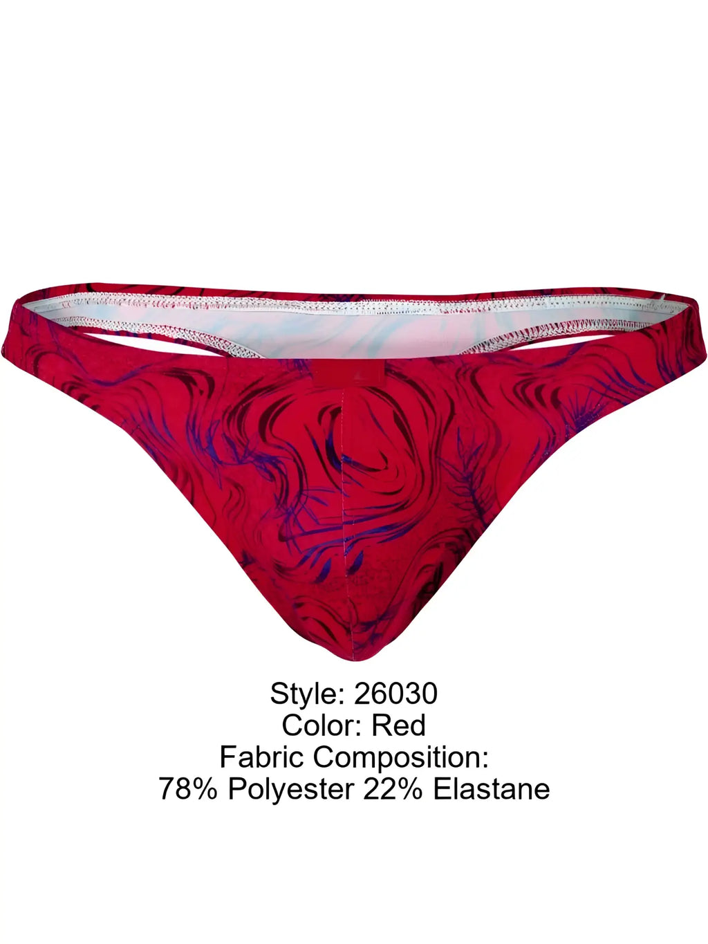 Clever 26030 Helion thongs in vibrant red with a blue swirling marble pattern on a minimalist, low-rise design.