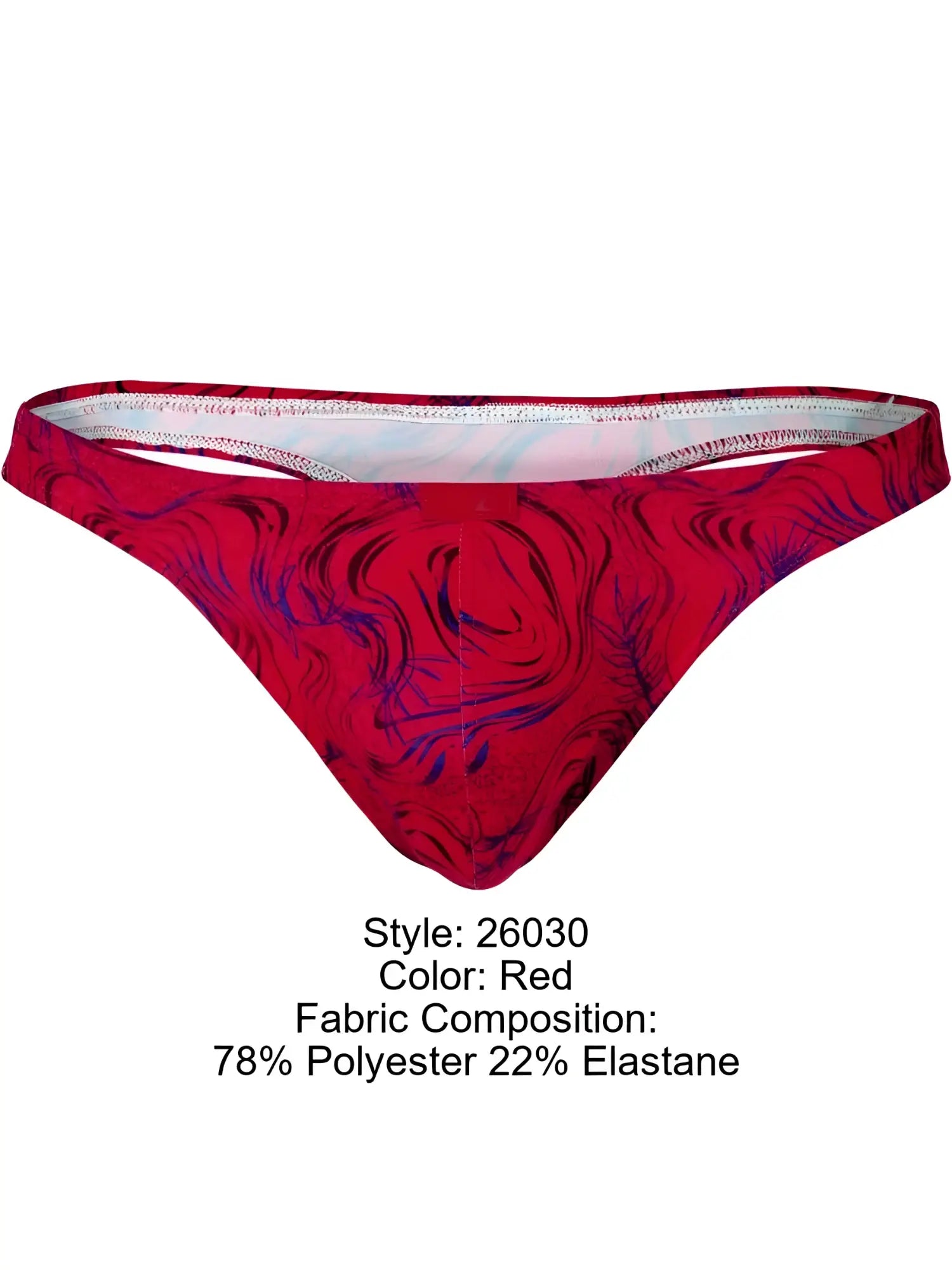 Clever 26030 Helion thongs in vibrant red with a blue swirling marble pattern on a minimalist, low-rise design.