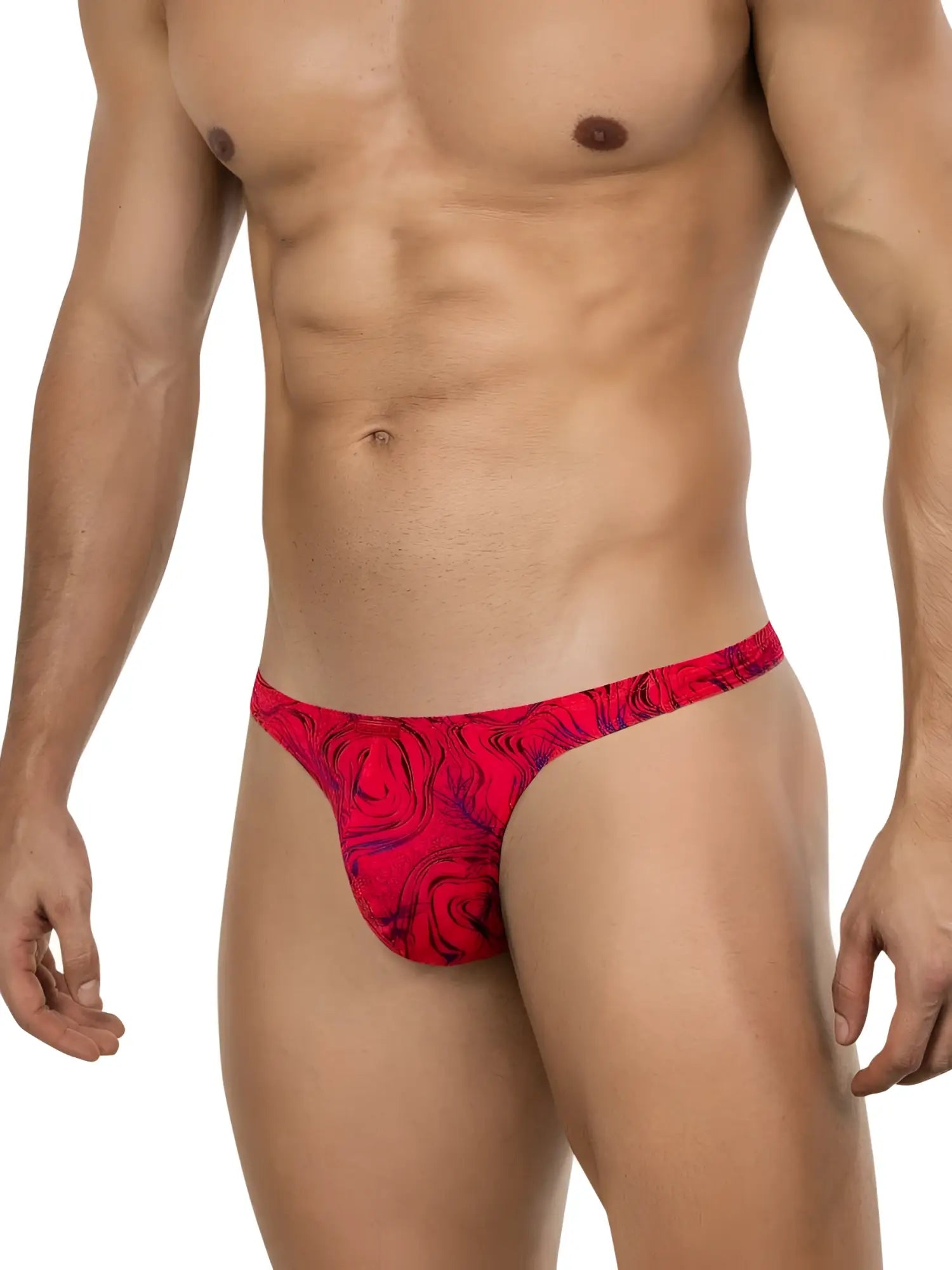Clever 26030 Helion thongs in vibrant red with a blue swirl pattern, modeled on a muscular man.