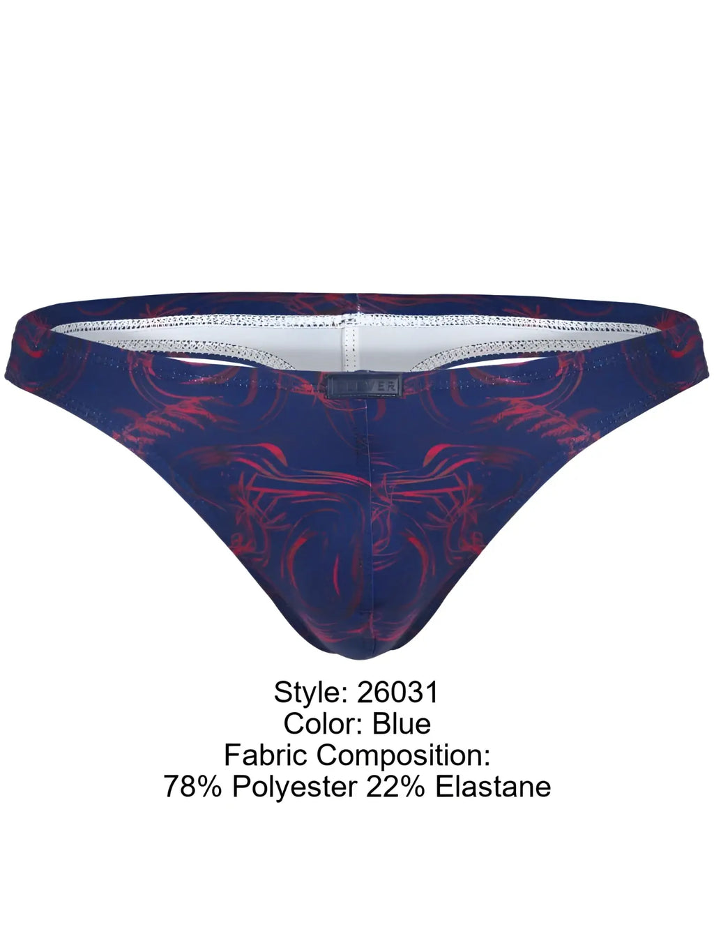 Clever 26031 Helion thong in blue with a red abstract pattern and a central logo-branded waistband.