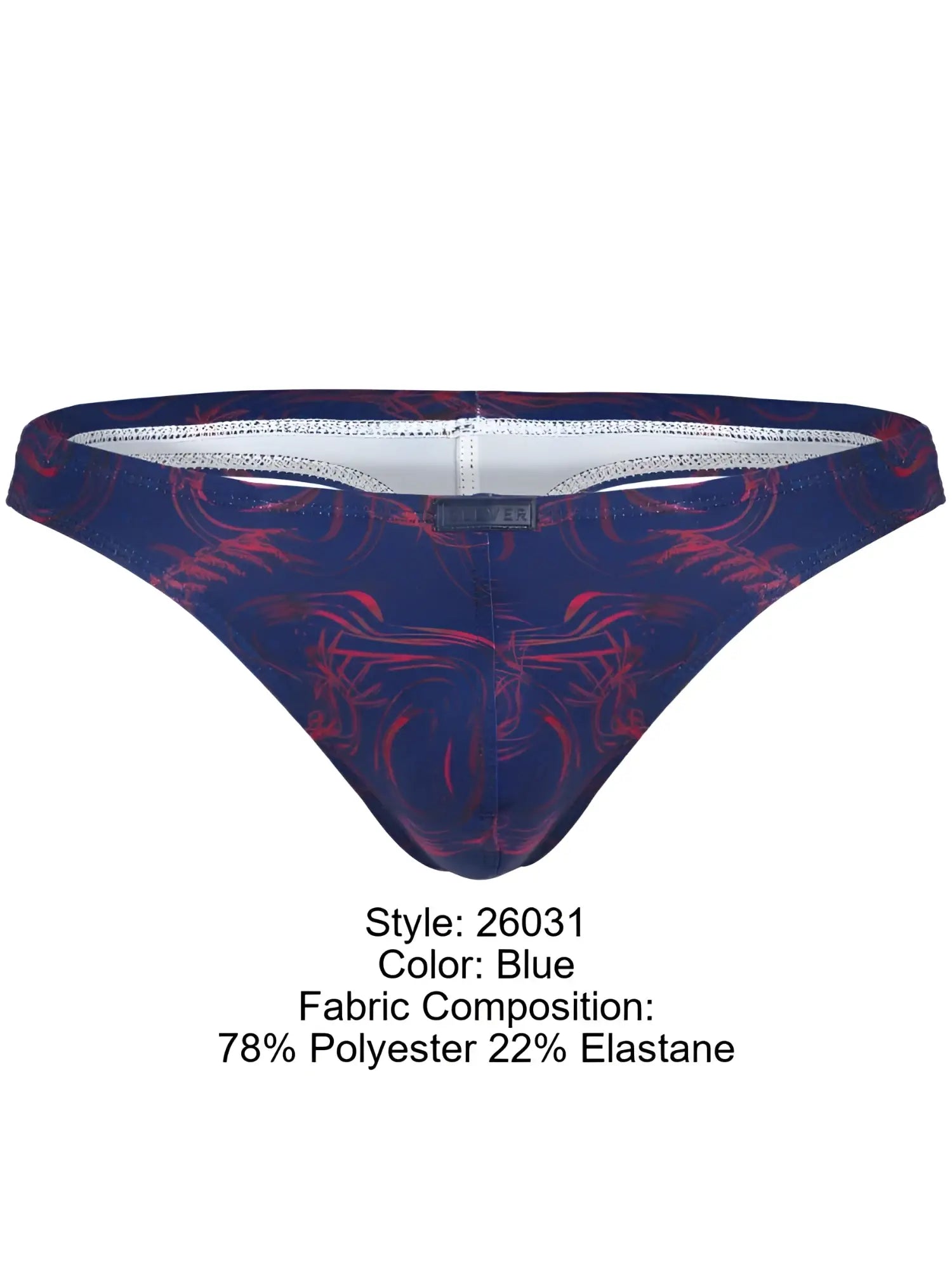 Clever 26031 Helion thong in blue with a red abstract pattern and a central logo-branded waistband.