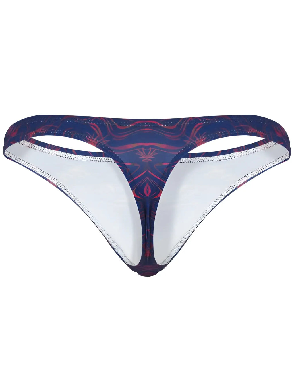 Clever 26031 Helion thong in blue with a red abstract pattern and white inner lining on a white background.