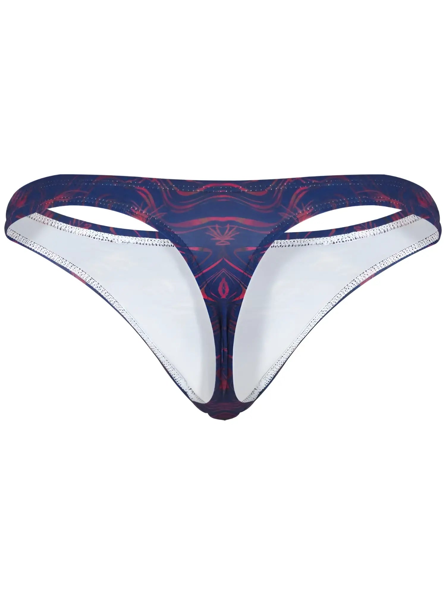 Clever 26031 Helion thong in blue with a red abstract pattern and white inner lining on a white background.