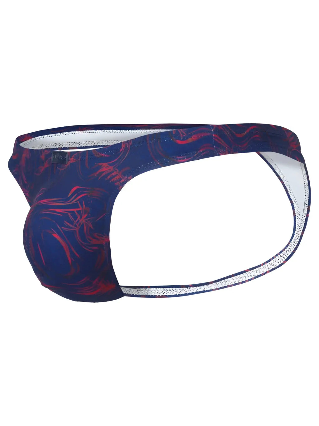 Clever 26031 Helion thong in blue with a red abstract pattern, featuring a contoured pouch and slim elastic waistband.