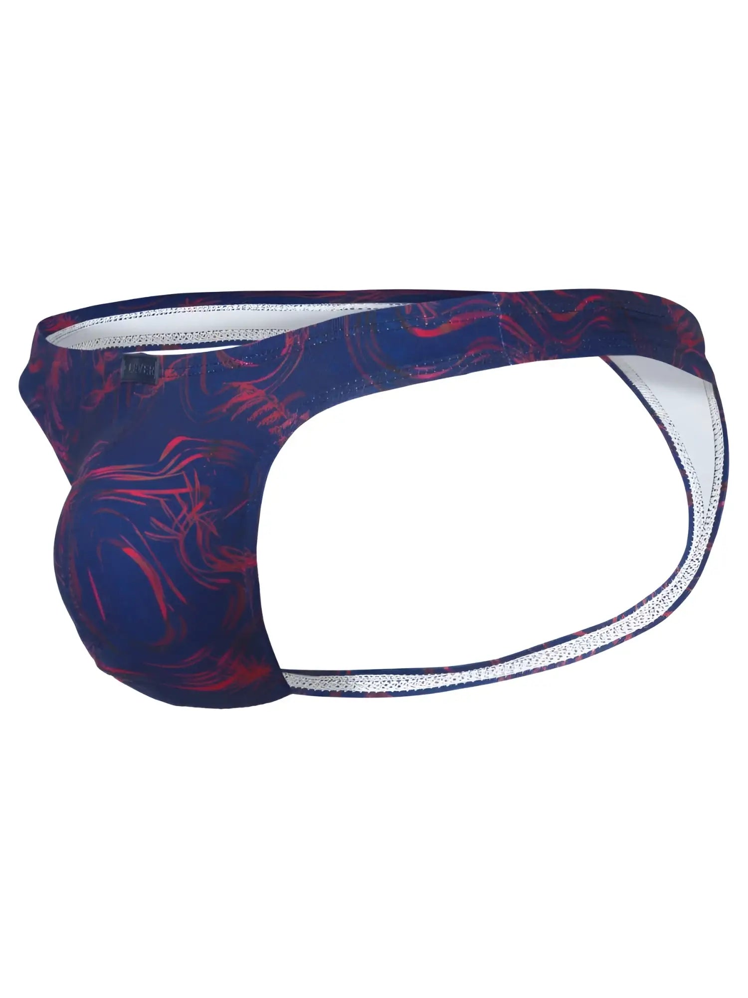Clever 26031 Helion thong in blue with a red abstract pattern, featuring a contoured pouch and slim elastic waistband.