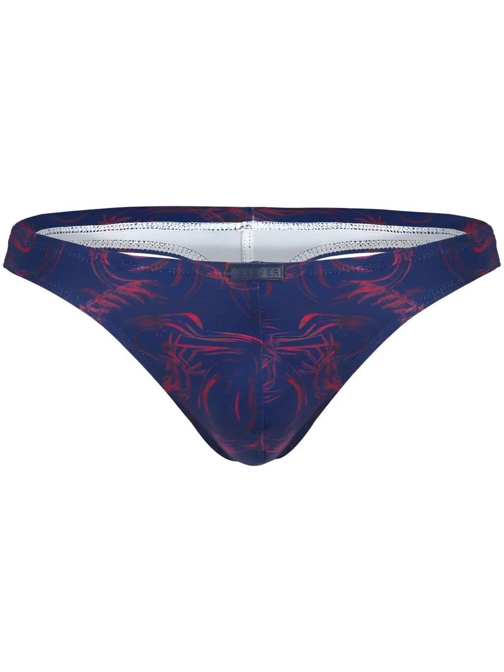 Clever 26031 Helion thong in blue with a red abstract pattern and white inner waistband detail.