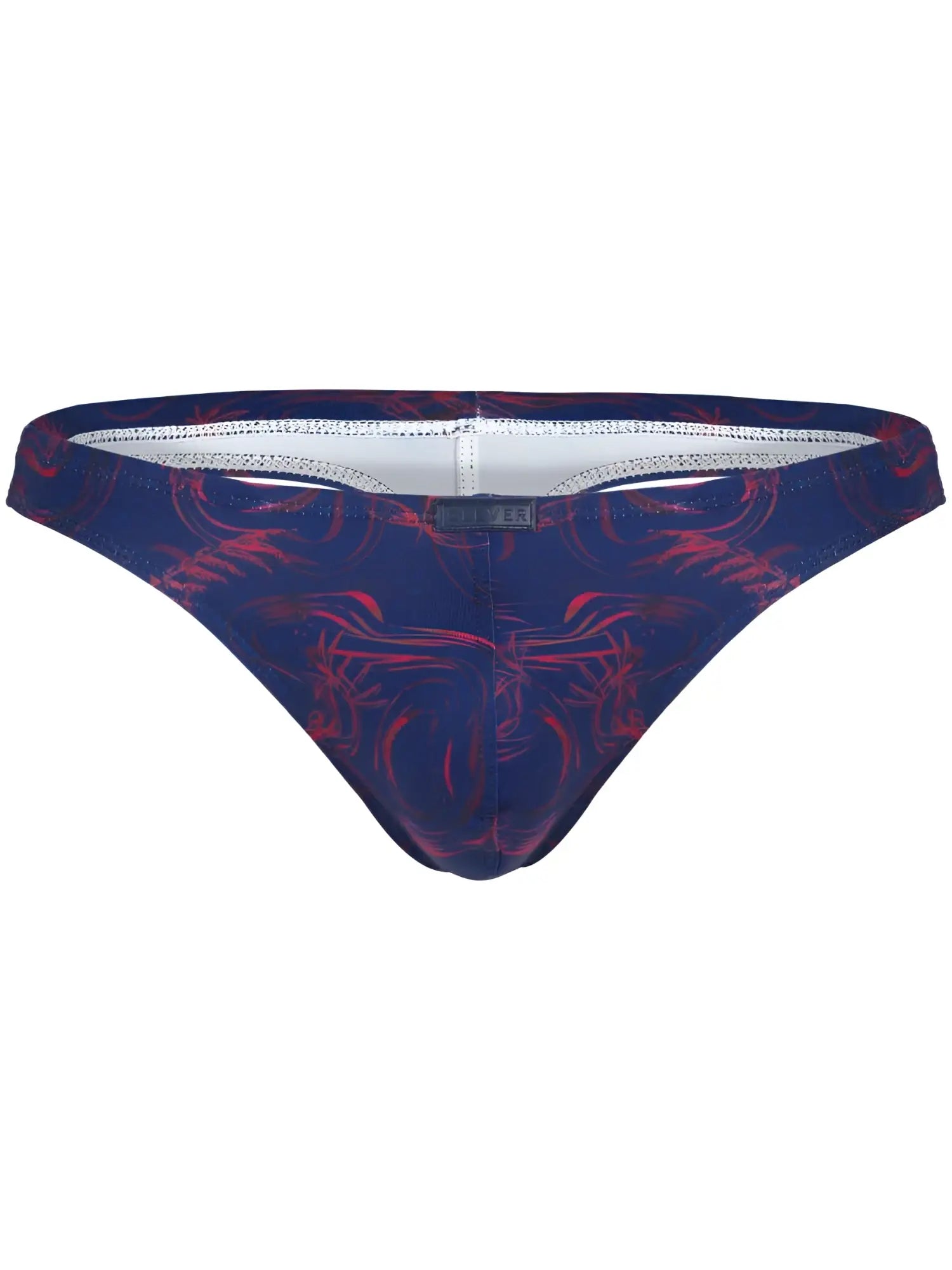 Clever 26031 Helion thong in blue with a red abstract pattern and white inner waistband detail.