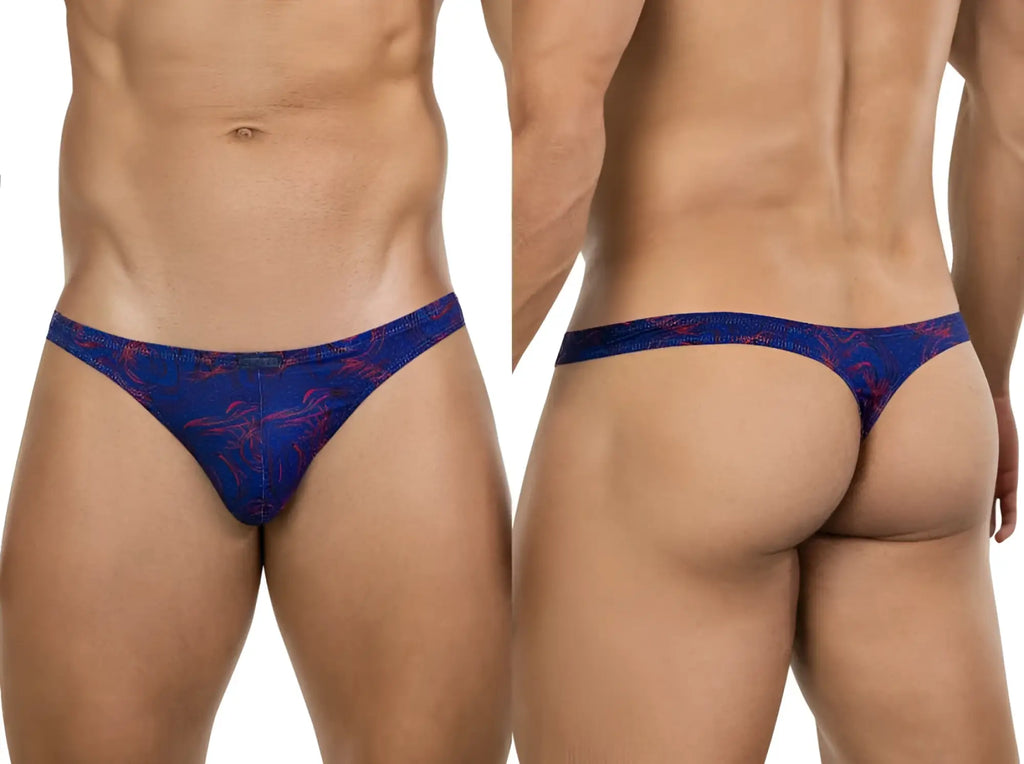 Clever 26031 Helion thongs in blue with a red abstract pattern, shown from front and back on a male model.