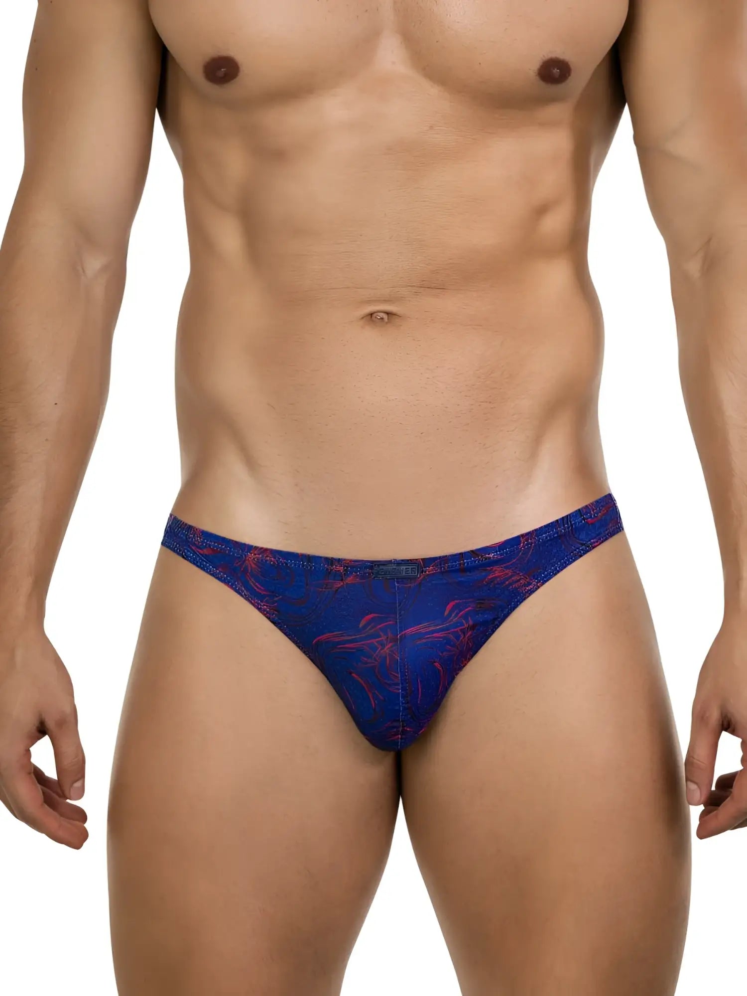 Clever 26031 Helion thongs in blue with a red abstract pattern, worn by a man, featuring a sleek, minimalist style.
