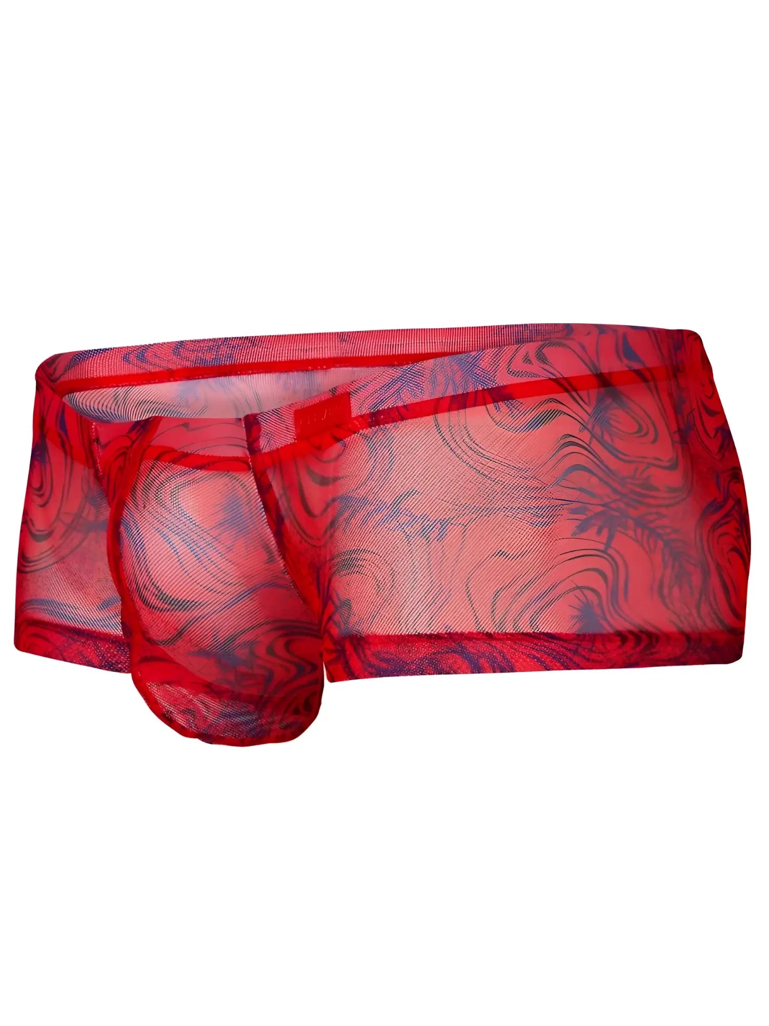 Clever 26032 Calipso trunks in red with a sheer, marbled blue mesh pattern and athletic, low-rise style.