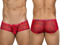 Clever 26032 Calipso Trunks in red with a black swirling pattern, shown from front and back on a male model.