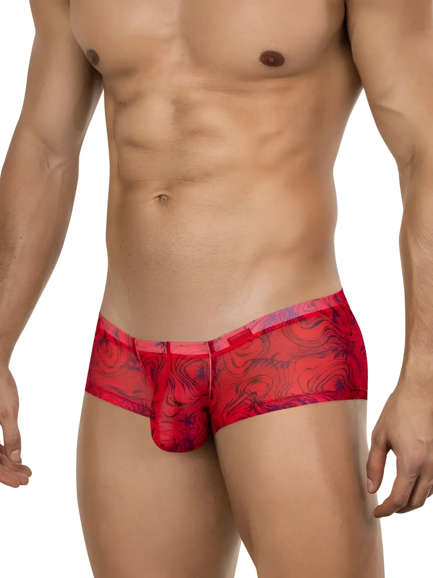 Clever 26032 Calipso trunks in bold red with a semi-sheer, abstract swirl pattern on a male model.