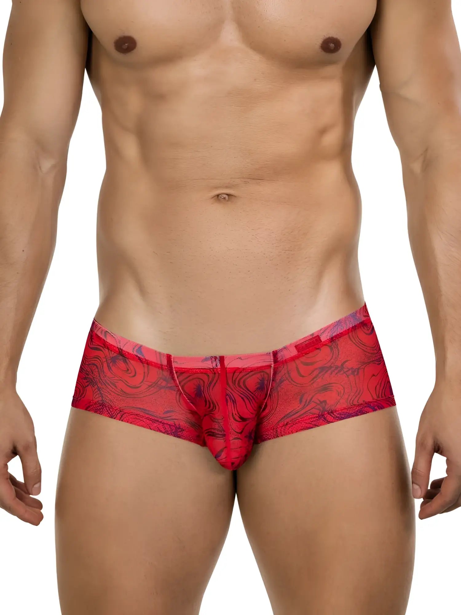 Clever 26032 Calipso trunks in red with a sheer, swirling abstract pattern on a muscular model.