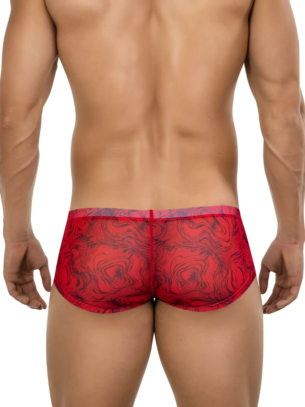 Clever 26032 Calipso trunks in red with a black swirl print, shown from the back on a muscular man.