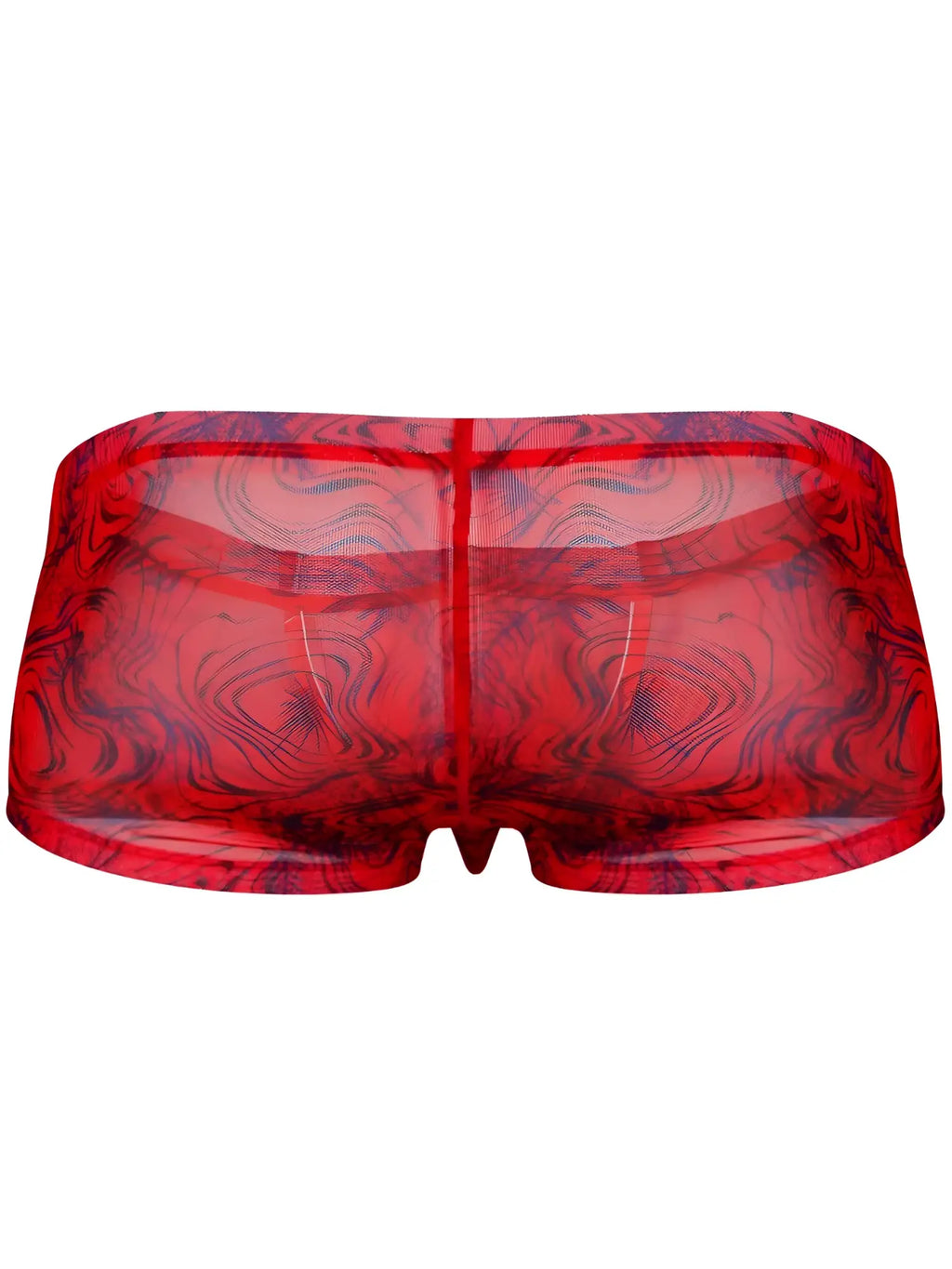 Clever 26032 Calipso trunks in sheer red mesh featuring a bold dark blue swirling marble print pattern.