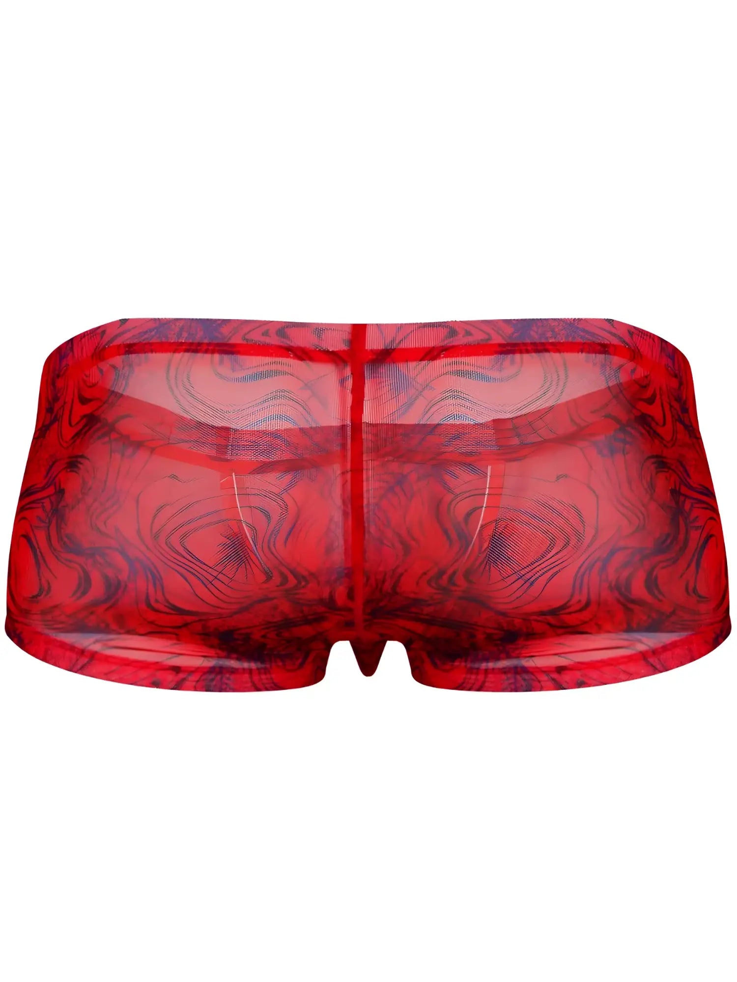 Clever 26032 Calipso trunks in sheer red mesh featuring a bold dark blue swirling marble print pattern.