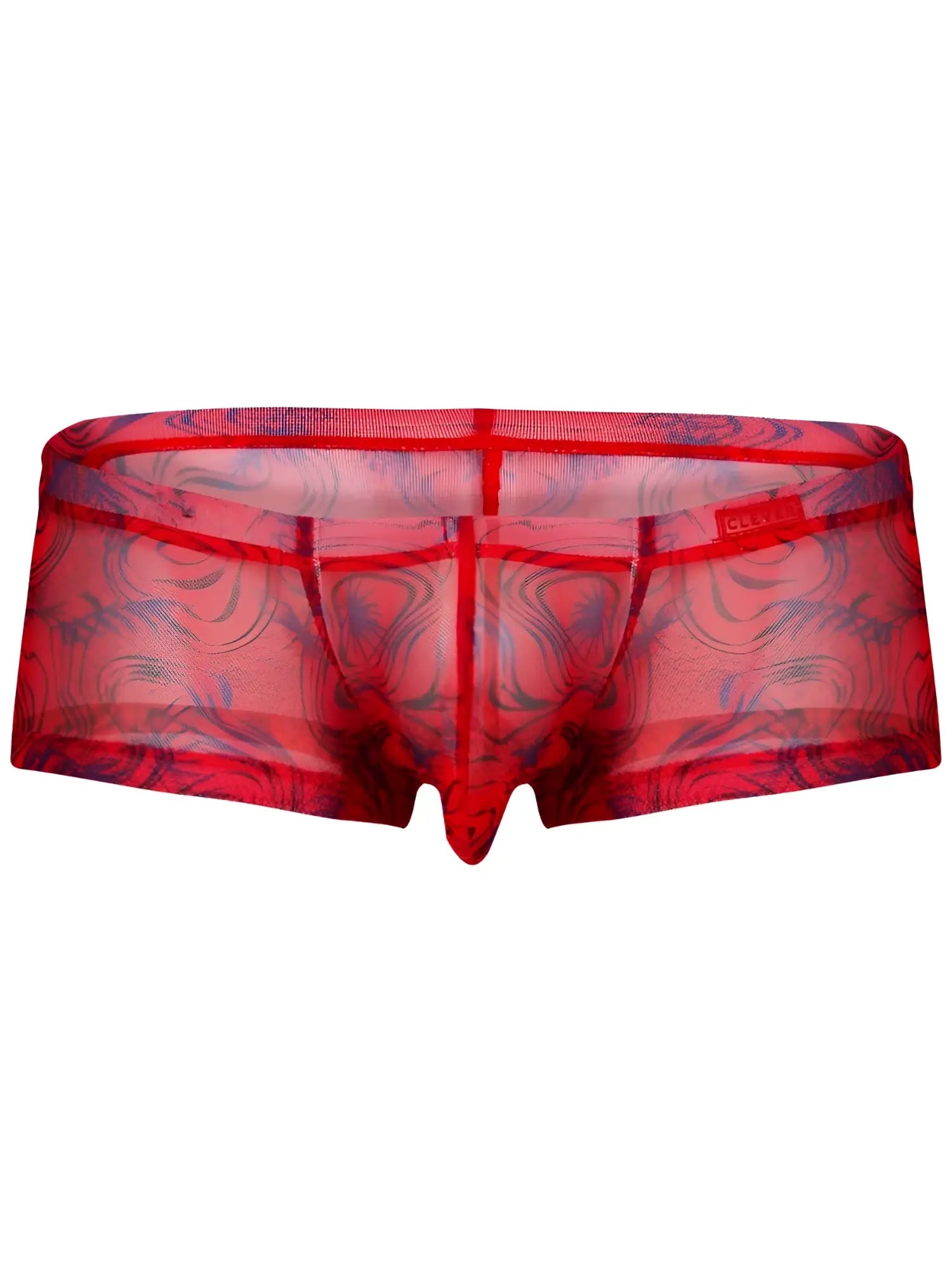 Clever 26032 Calipso trunks in red with a sheer mesh fabric featuring a subtle, dark blue swirling circular pattern.