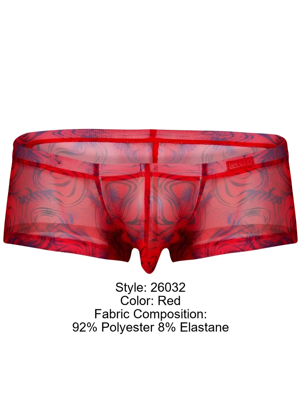 Clever 26032 Calipso trunks in red with a sheer, swirling blue print pattern and a minimalist athletic style.
