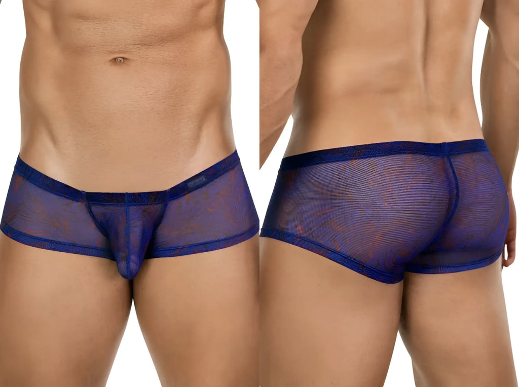 Clever 26033 Calipso trunks in blue, featuring a sheer, breathable mesh fabric with an abstract pattern on a male model.