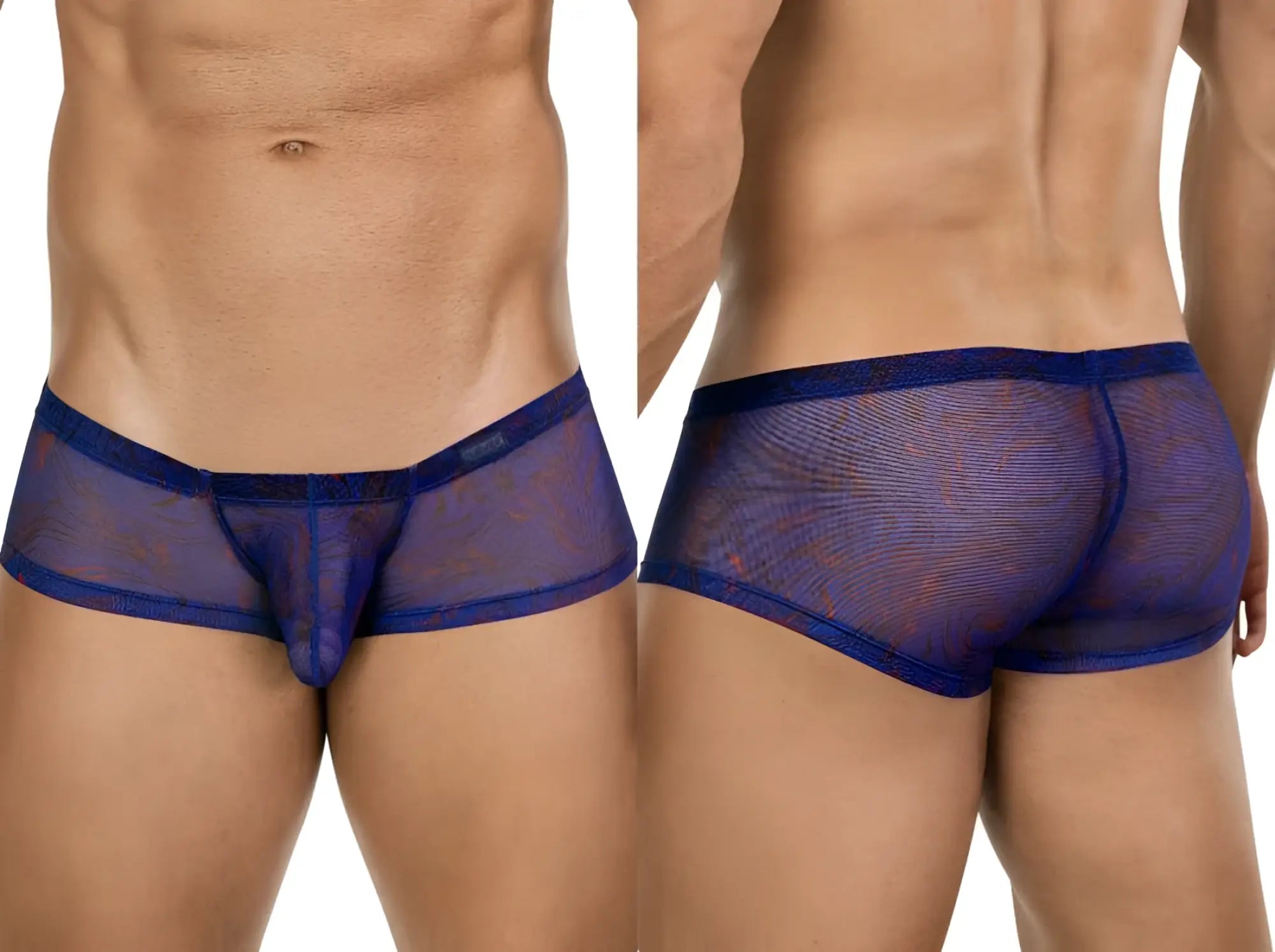 Clever 26033 Calipso trunks in blue, featuring a sheer, breathable mesh fabric with an abstract pattern on a male model.