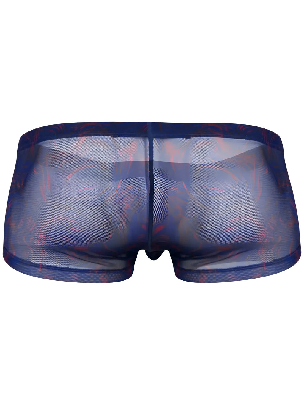 Clever 26033 Calipso blue trunks featuring a sheer, breathable mesh fabric with a subtle red tropical pattern.