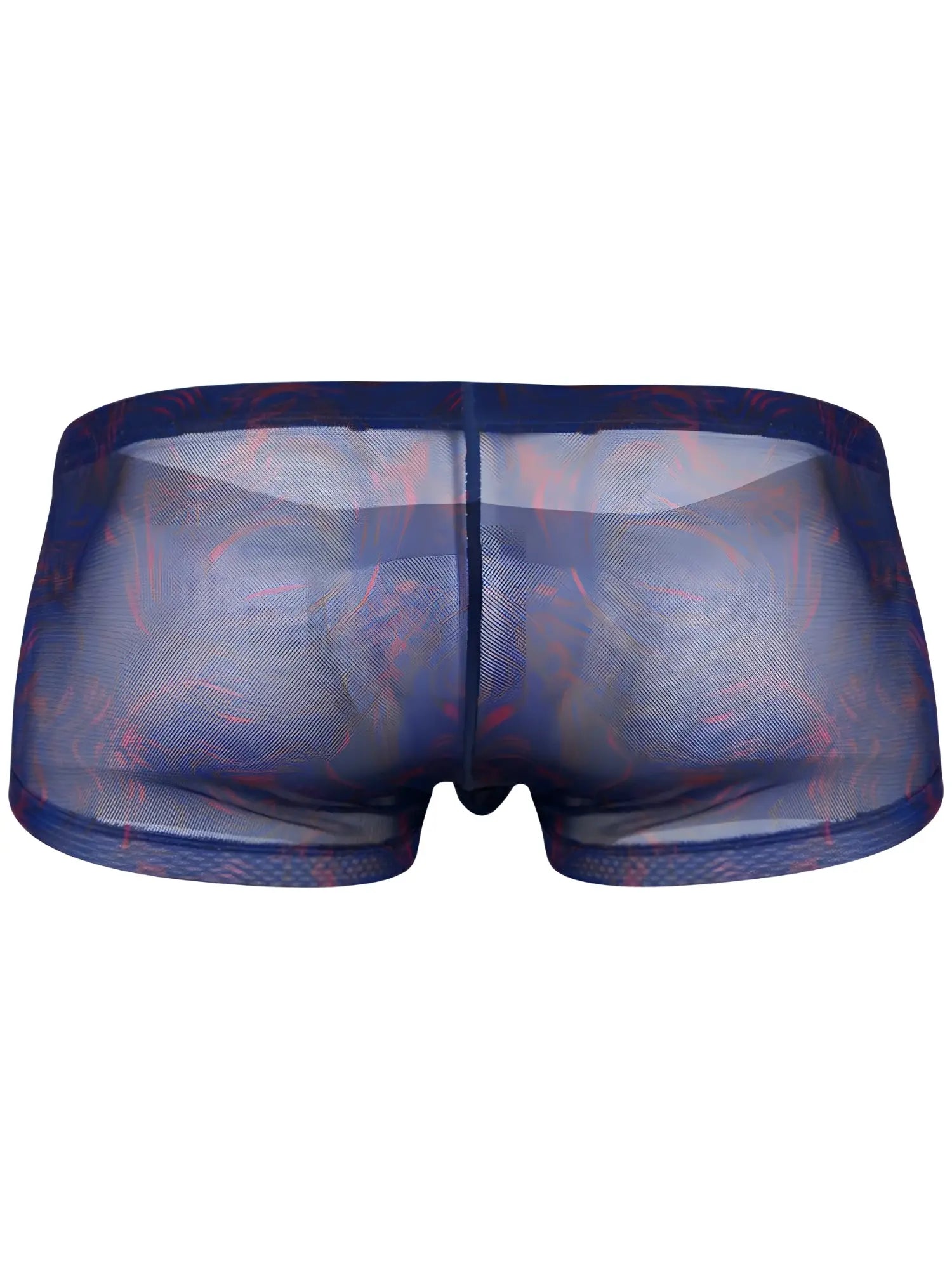 Clever 26033 Calipso blue trunks featuring a sheer, breathable mesh fabric with a subtle red tropical pattern.