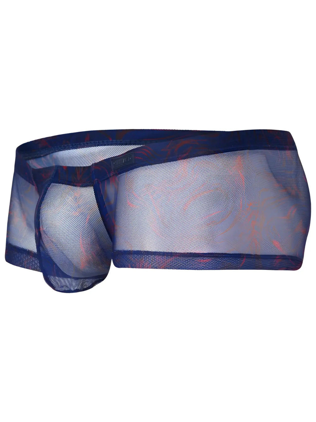 Clever 26033 Calipso trunks in blue with a sheer, breathable mesh fabric featuring a subtle orange swirl print.