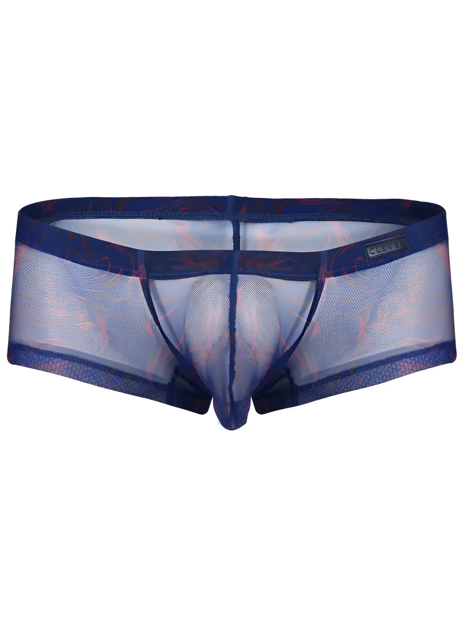 Clever 26033 Calipso blue mesh trunks featuring a sheer, breathable design with a subtle red abstract pattern.