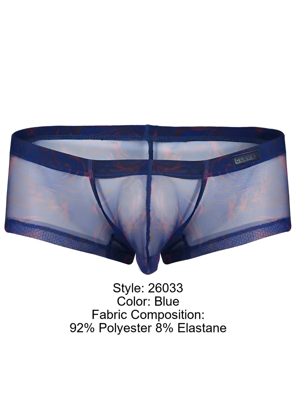 Clever 26033 Calipso blue trunks in a breathable, sheer mesh fabric with a faint, bold reddish swirl pattern.
