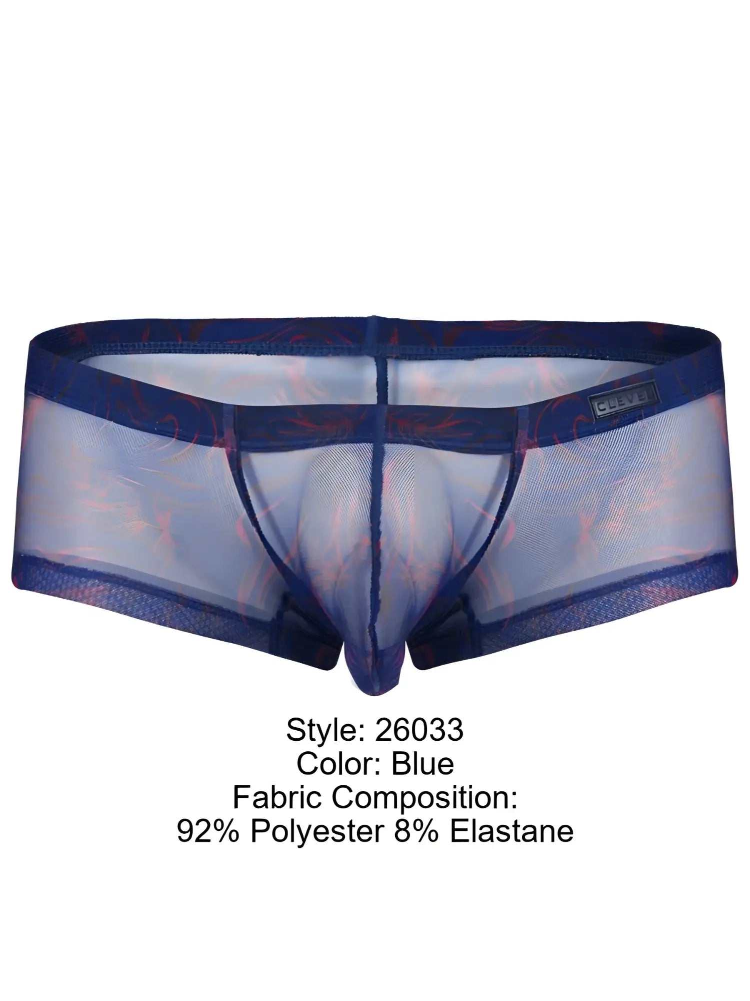 Clever 26033 Calipso blue trunks in a breathable, sheer mesh fabric with a faint, bold reddish swirl pattern.