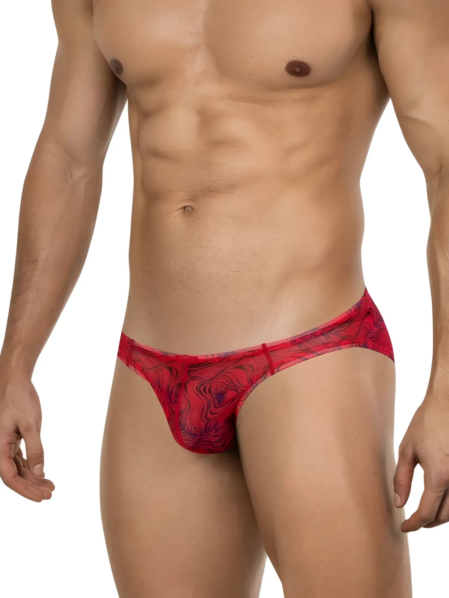 Clever 26034 Calipso bikini in red with a modern, abstract pattern, worn by a man against a white background.