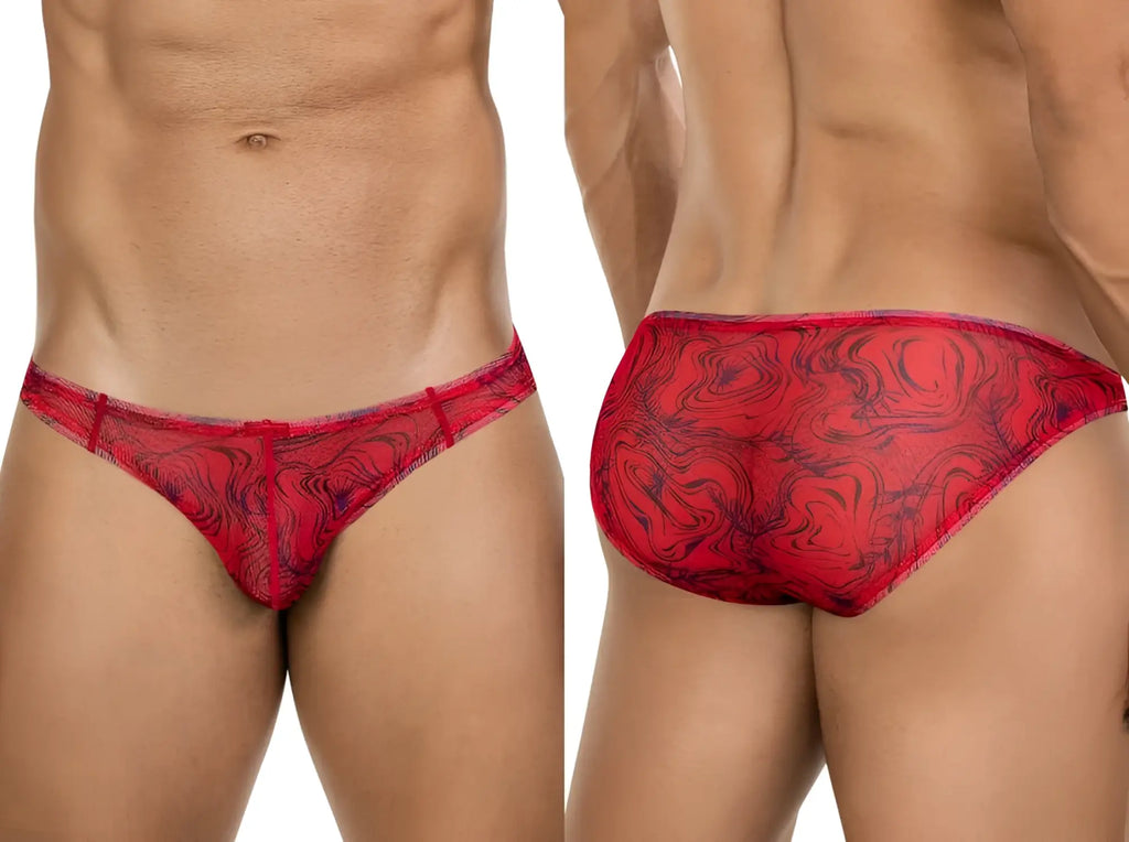 Front and back view of the red Clever 26034 Calipso bikini with a modern dark marble-like print.