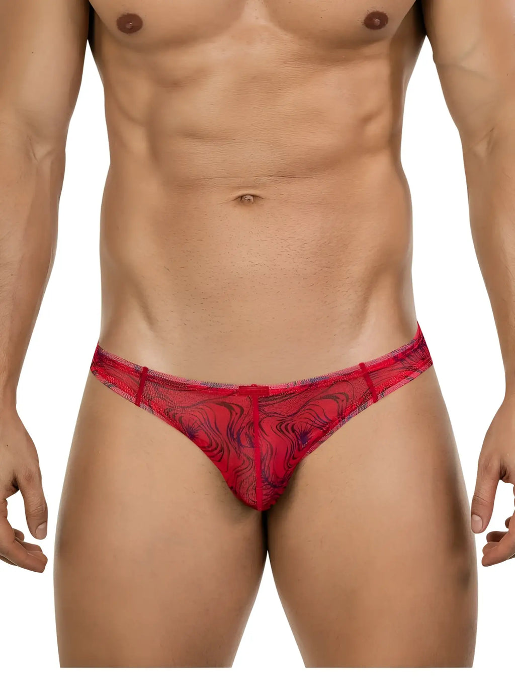 Clever 26034 Calipso bikini in red with a modern, sheer swirl-patterned fabric worn by a man.