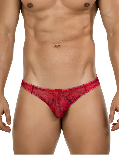 Clever 26034 Calipso bikini in red with a modern, sheer swirl-patterned fabric worn by a man.