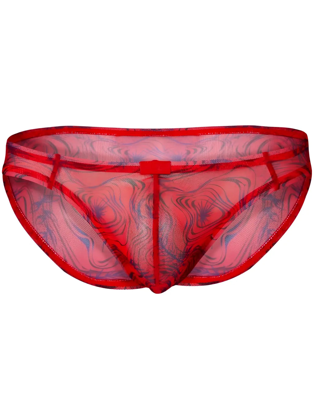 Clever 26034 Calipso bikini in red with a sheer, modern mesh fabric featuring a blue abstract swirl pattern.