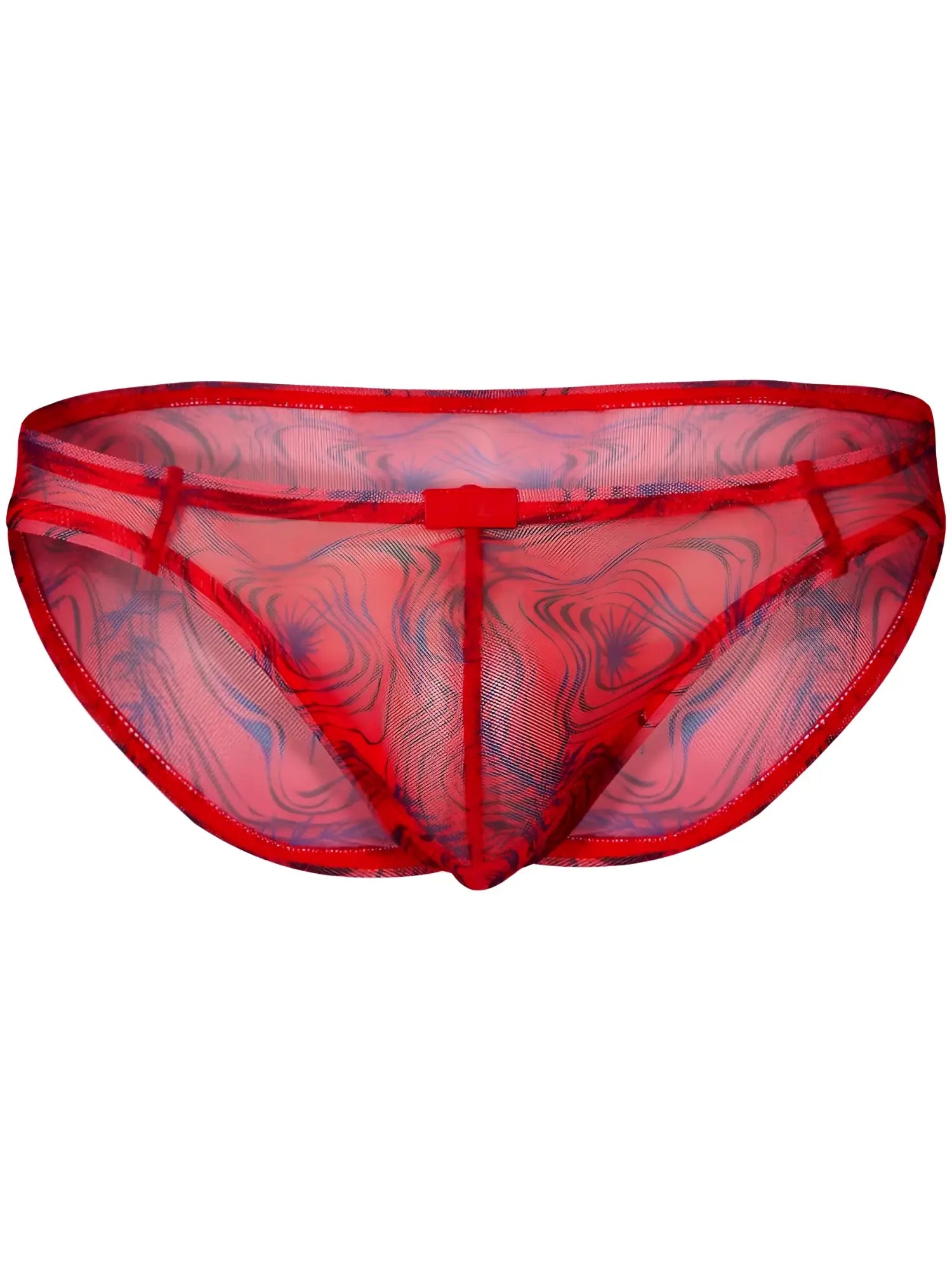 Clever 26034 Calipso bikini in red with a sheer, modern mesh fabric featuring a blue abstract swirl pattern.
