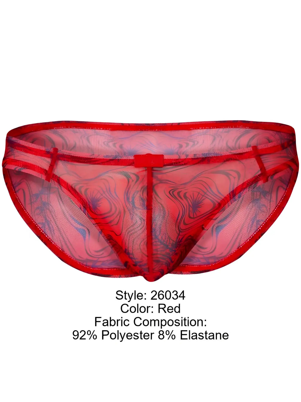 Clever 26034 Calipso red mesh bikini with modern blue swirl pattern and solid red trim.