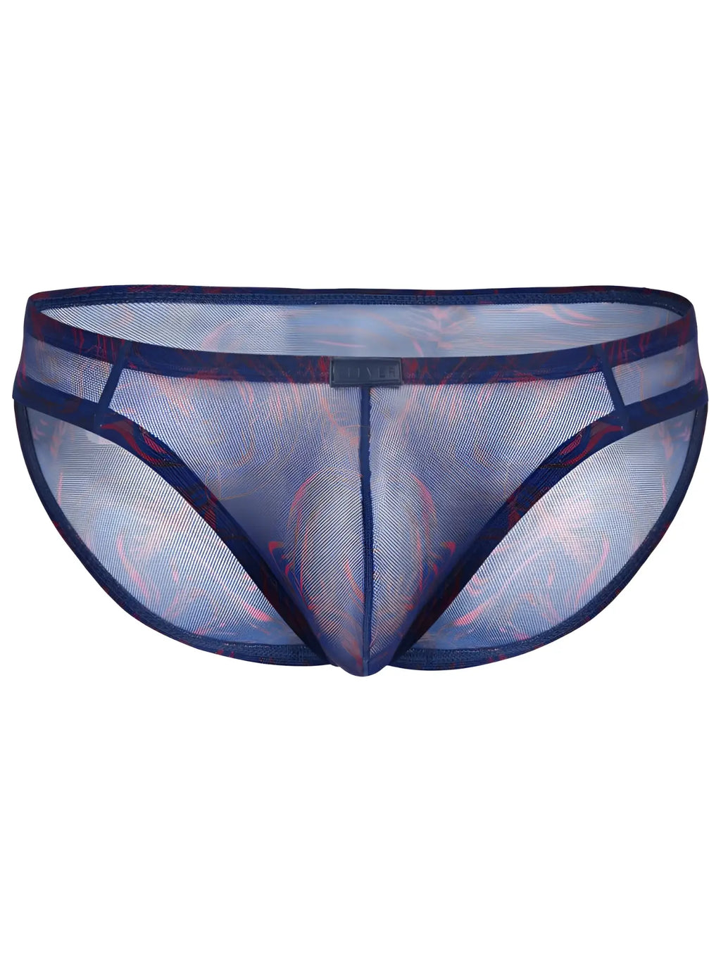 Clever 26035 Calipso blue bikini in breathable, sheer mesh with a bold red and blue abstract print and elastic trim.