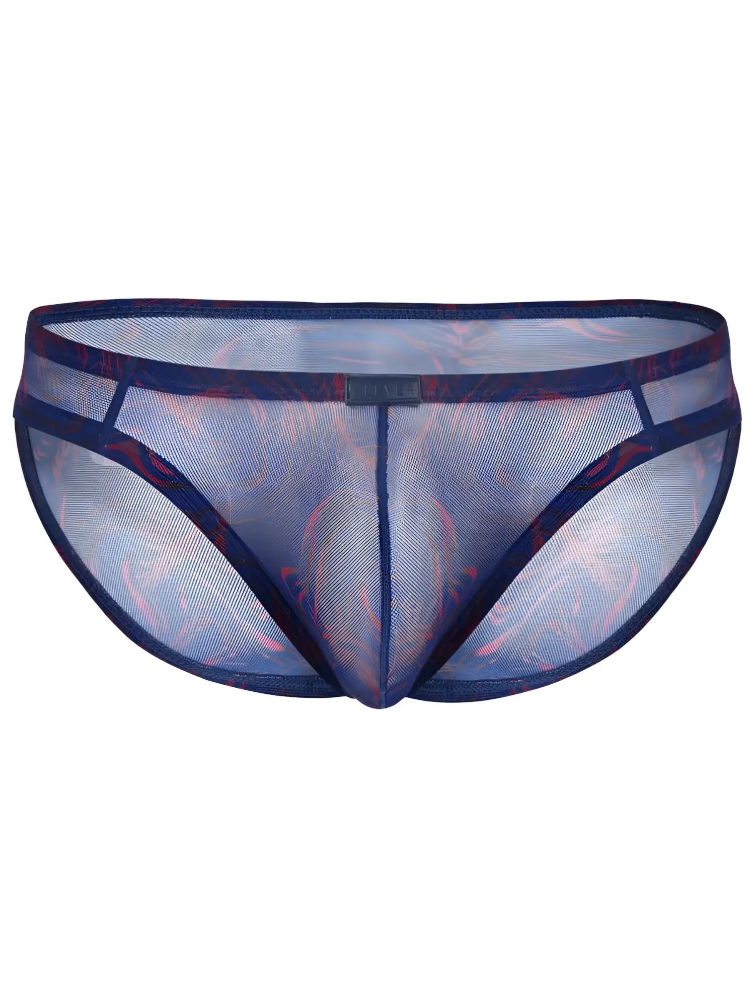 Clever 26035 Calipso blue bikini in breathable, sheer mesh with a bold red and blue abstract print and elastic trim.