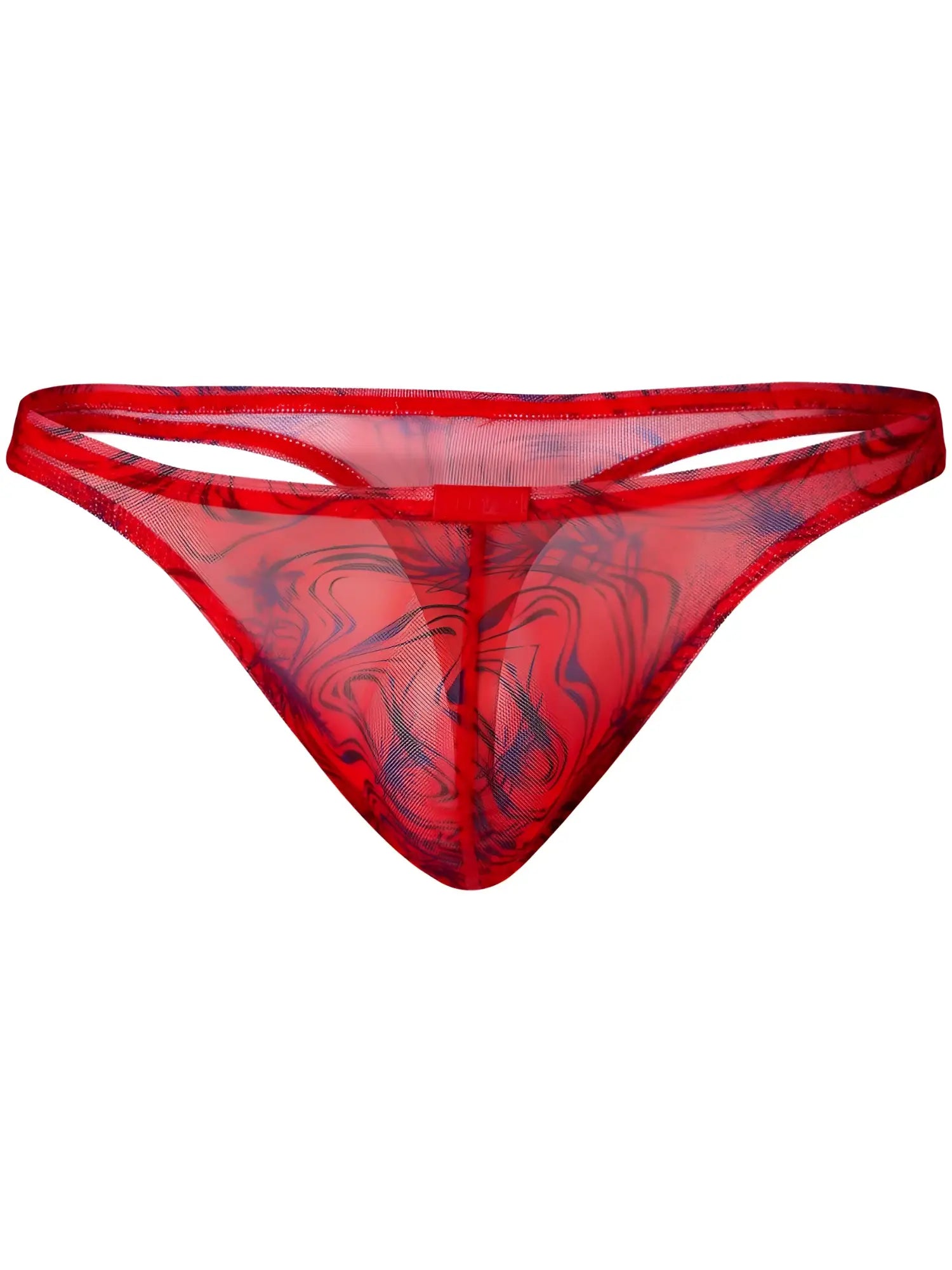 Clever 26036 Calipso thong in sheer red mesh with a sleek blue marble-inspired print and supportive design.