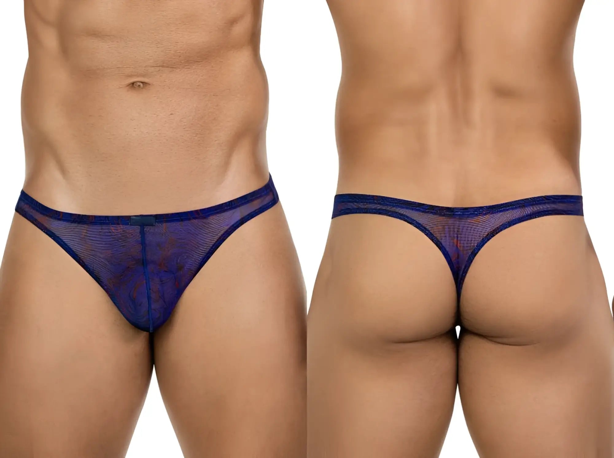 Front and back view of the blue, sheer mesh Clever 26037 Calipso thong worn by a man.