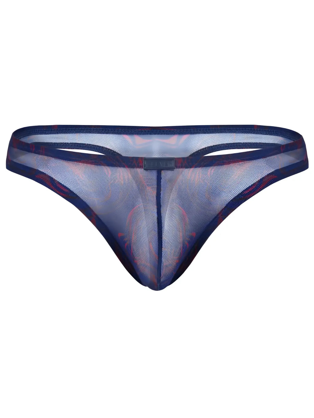 Clever 26037 Calipso thong in sheer blue mesh with a subtle red patterned design and a branded center waistband tab.