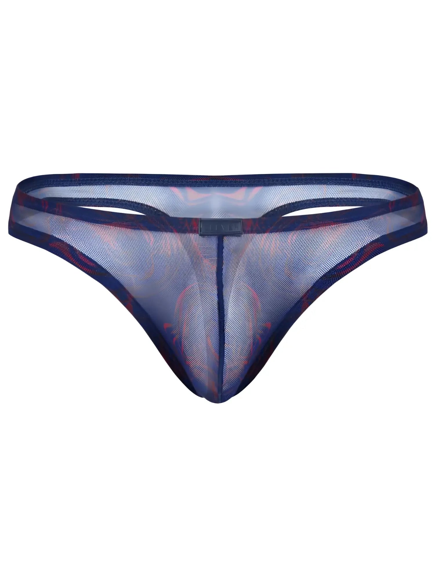 Clever 26037 Calipso thong in sheer blue mesh with a subtle red patterned design and a branded center waistband tab.