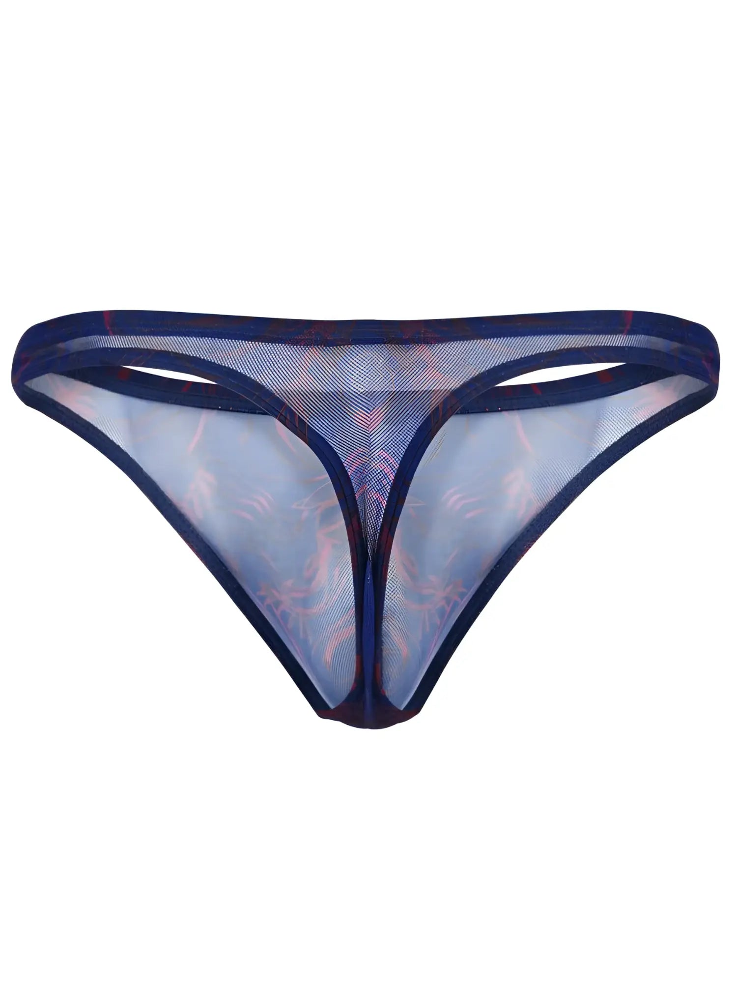 Clever 26037 Calipso thong in sheer blue mesh with a subtle red tropical pattern and a slim, minimalist design.